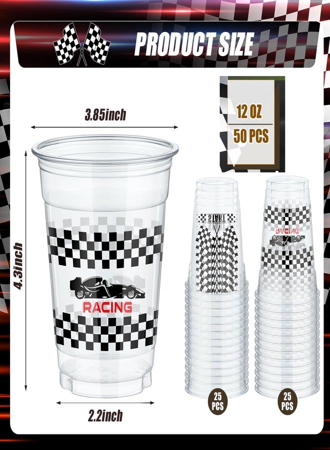 KesaPlan 50 Pcs Race Car Plastic Party Cups, 12oz Checkered Flag Disposable Clear Cup, Plastic Drinking Cup with White Black Plaid, Checkered Racing Cups for Fast Car Themed Birthday Decorations - Image 3