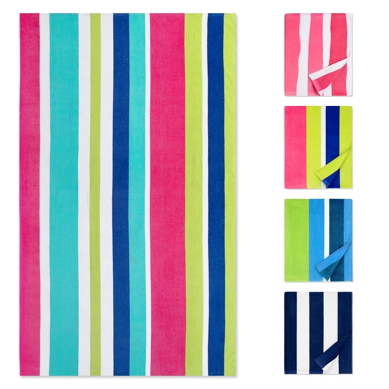 cabanana Large Beach Towel Oversized Cotton Velour 35 x 70 Inch Rainbow Striped Terry Pool Towel Cabana Soft Swimming Towel for Adults Women Men Rainbow Pink