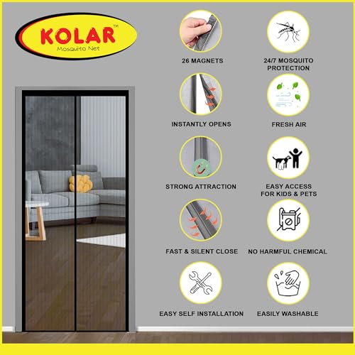 Kolar Mosquito Net for Door | Fiberglass Magnetic Curtain Auto Closing Insect Screen for All Door Types with Self Adhesive Hook Tape (210x100 Cms, Black) - Image 5