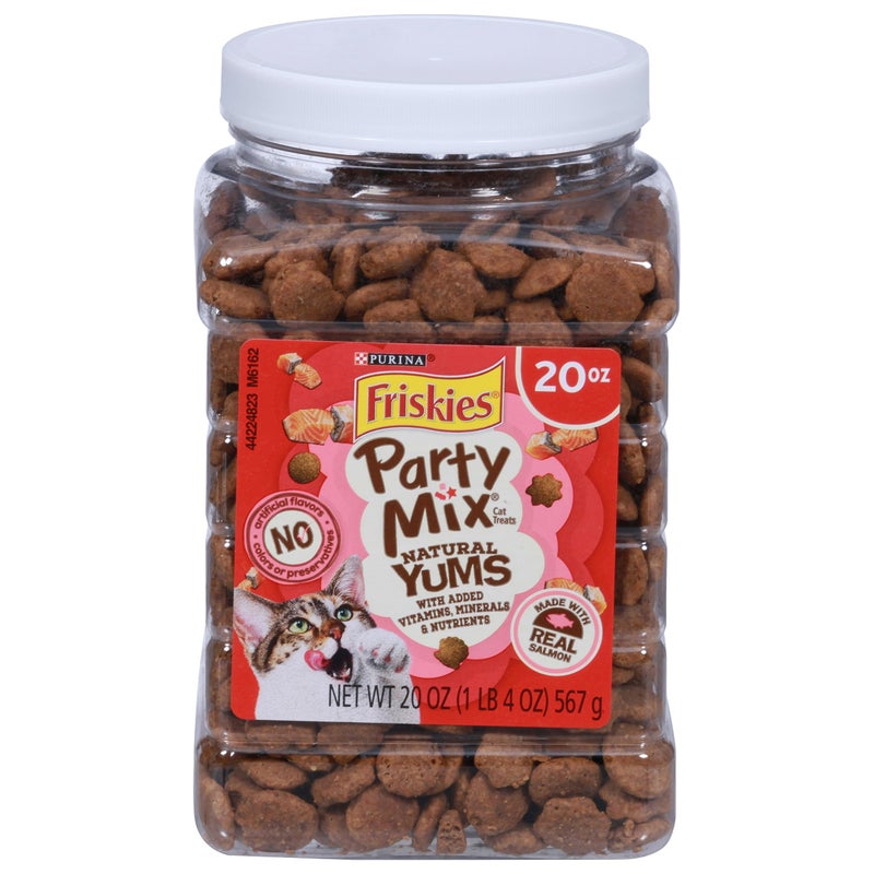 Friskies Purina Friskies Natural Cat Treats Party Mix Natural Yums With Real Salmon and Added Vitamins, Minerals and Nutrients - 20 Oz. Canister - Image 1