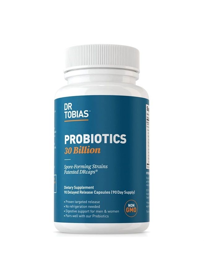 Dr. Tobias Probiotics 30 Billion, 10 Strains, 30 Billion CFU's, Targeted Release Probiotics for Digestive Health, Shelf-Stable Probiotics for Women & Men, Non-GMO, 90 Capsules, 90 Servings - Image 1