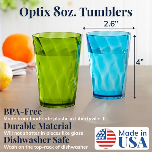 US Acrylic Optix Mini Plastic Reusable Drinking Glasses (Set of 8) 8oz Juice Cups in Jewel Tone Colors | BPA-Free Tumblers, Made in USA | Top-Rack Dishwasher Safe - Image 2