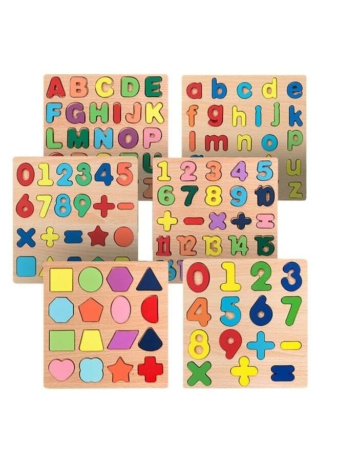 (6 pieces) Educational Wooden Puzzles, Alphabet, Numbers, Shapes, Colours, Maths Learning Toy