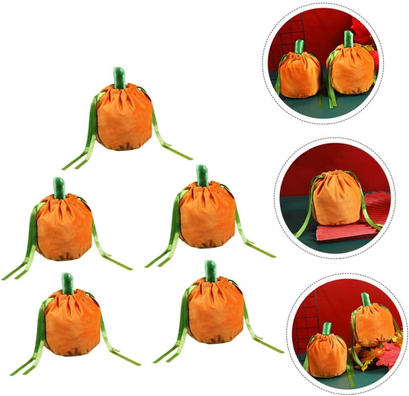 CTIRCHIU 5Pcs Pumpkin Drawstring Bags Halloween Treat Gift Pouches Reusable Velvet Party Favor Bags for Candy Snacks Small Gifts Lightweight - Image 3