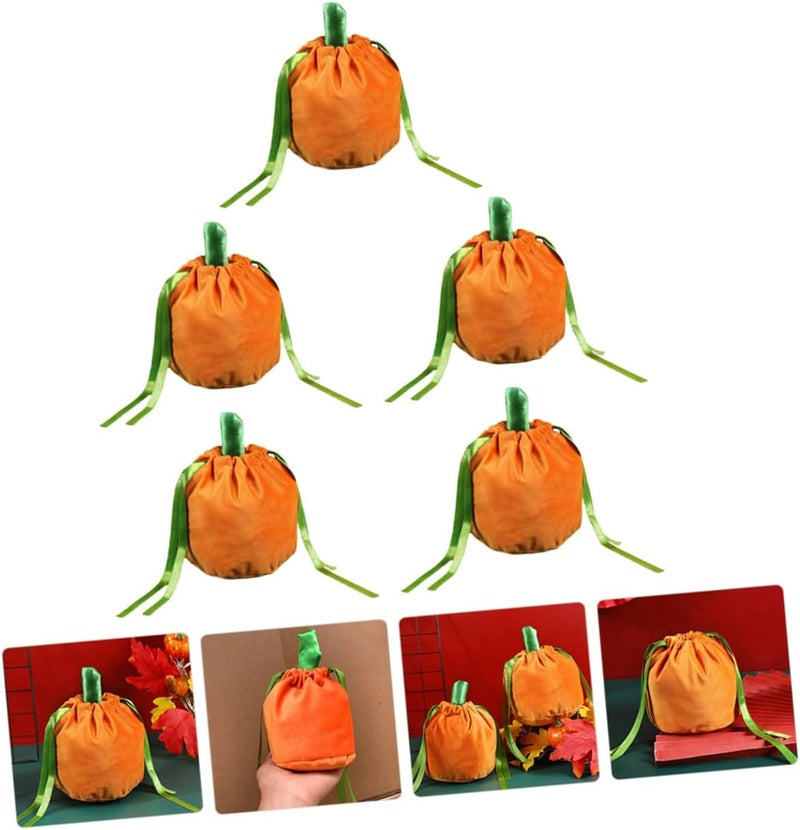 CTIRCHIU 5Pcs Pumpkin Drawstring Bags Halloween Treat Gift Pouches Reusable Velvet Party Favor Bags for Candy Snacks Small Gifts Lightweight - Image 5