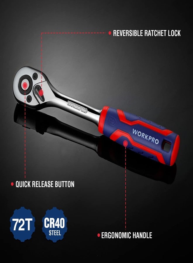 ووركبرو طقم مفتاح ربط WORKPRO، مكون من 3 قطع، بمقاسات 1/4 بوصة، 3/8 بوصة، 1/2 بوصة، سريع الفك، قابل للعكس، 72 سنًا، مصنوع من سبائك الكروم - Image 2