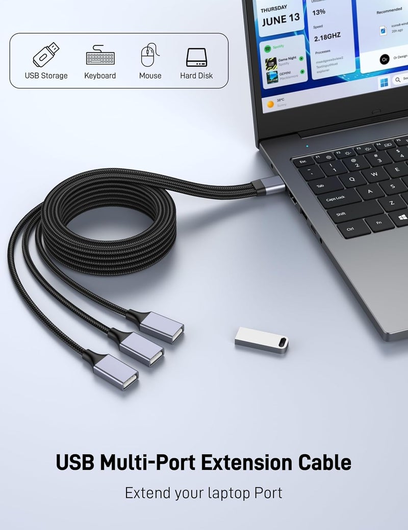 مقسم USB على شكل Y، كابل تمديد USB-A ذكر إلى 3 إناث بطول 3.3 قدم، مقسم USB 1 مدخل و3 مخارج يدعم الشحن ونقل البيانات للطابعة/لوحة المفاتيح/محرك الأقراص المحمول/بلاي ستيشن/لابتوب/إل إي دي إلخ. - Image 2