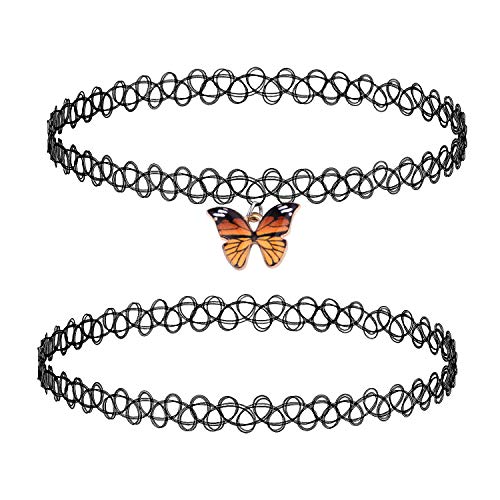 BodyJ4You 2PC Tattoo Choker Necklace - 90s Choker Necklace Women - 2000s Y2K Black Chokers - Retro Cute Butterfly Charm Pendant - Emo Stretchy Elastic Necklace - Image 1