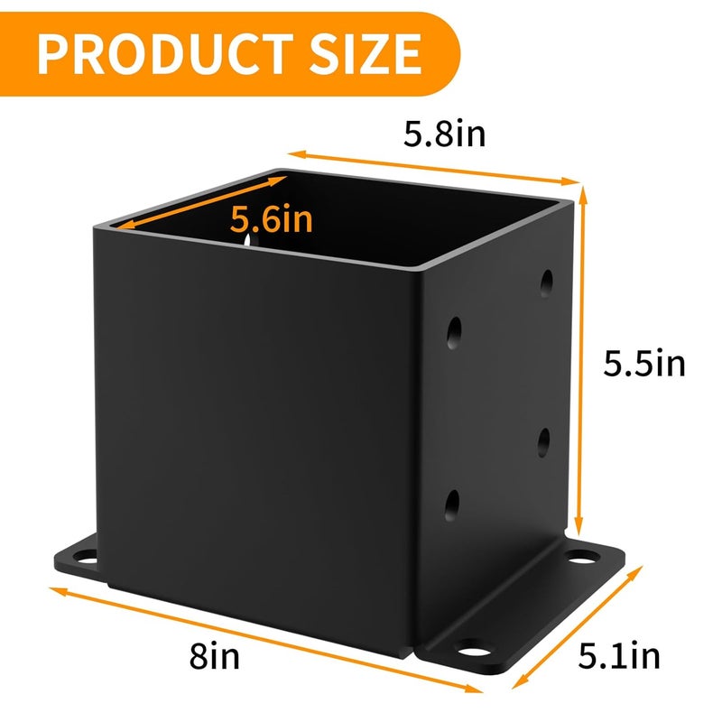 AOSTD 6x6 Post Base 2PCS, Inner Size 5.6x5.6 Inch Fence Post Anchor, Rust-Proof 13 Gauge Heavy Duty Solid Steel Black Powder-Coated Railing Post Brackets, for Support Deck, Pergola, Includes Screws - Image 2