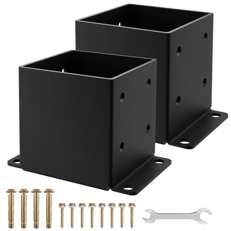 AOSTD 6x6 Post Base 2PCS, Inner Size 5.6x5.6 Inch Fence Post Anchor, Rust-Proof 13 Gauge Heavy Duty Solid Steel Black Powder-Coated Railing Post Brackets, for Support Deck, Pergola, Includes Screws - Image 1