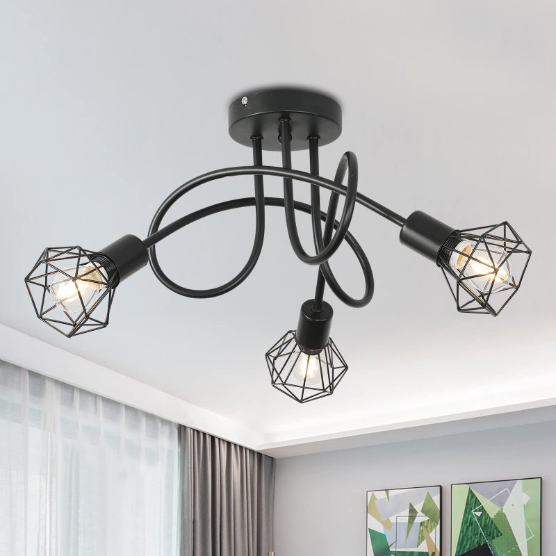 Mchoter Industrial 3 Way Ceiling Light Chandelier Semi-Flush Mount E14 Base Black Metal Caged 3 Lights Ceiling Light Fixture for Bedroom Living Dining Room Hallway(Bulbs not Include) - Image 1