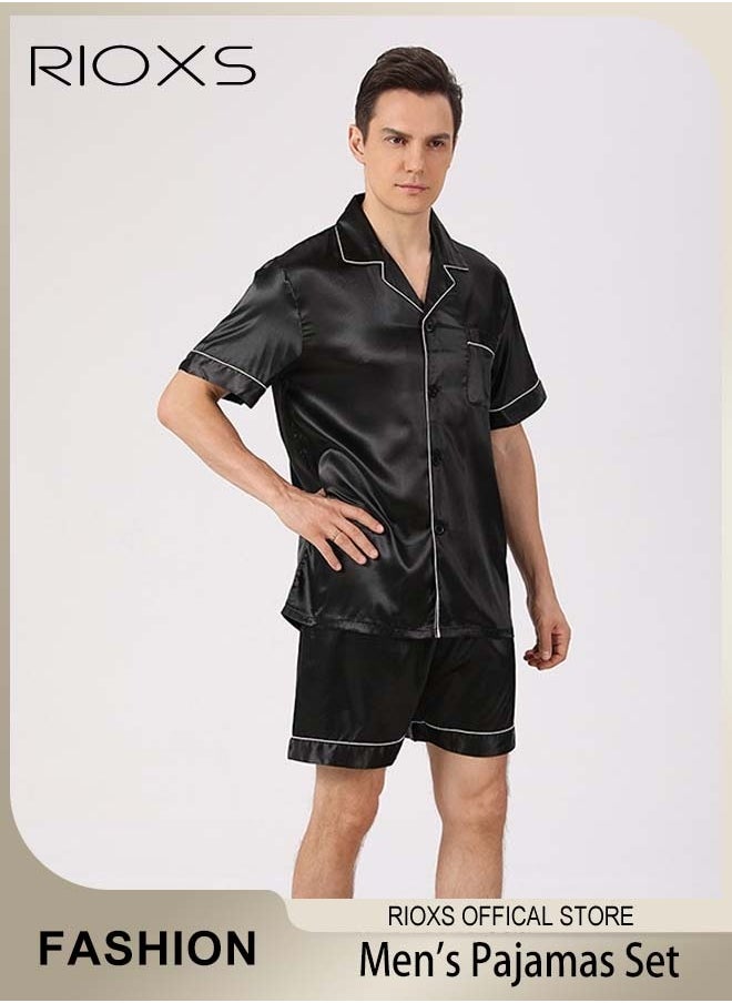 RIOXS - Men's 2 Pcs Satin Pajamas Set Silk Short Sleeve Top And Shorts Button Up Sleepwear Classic Loungewear Nightwear Pjs Set - Image 1