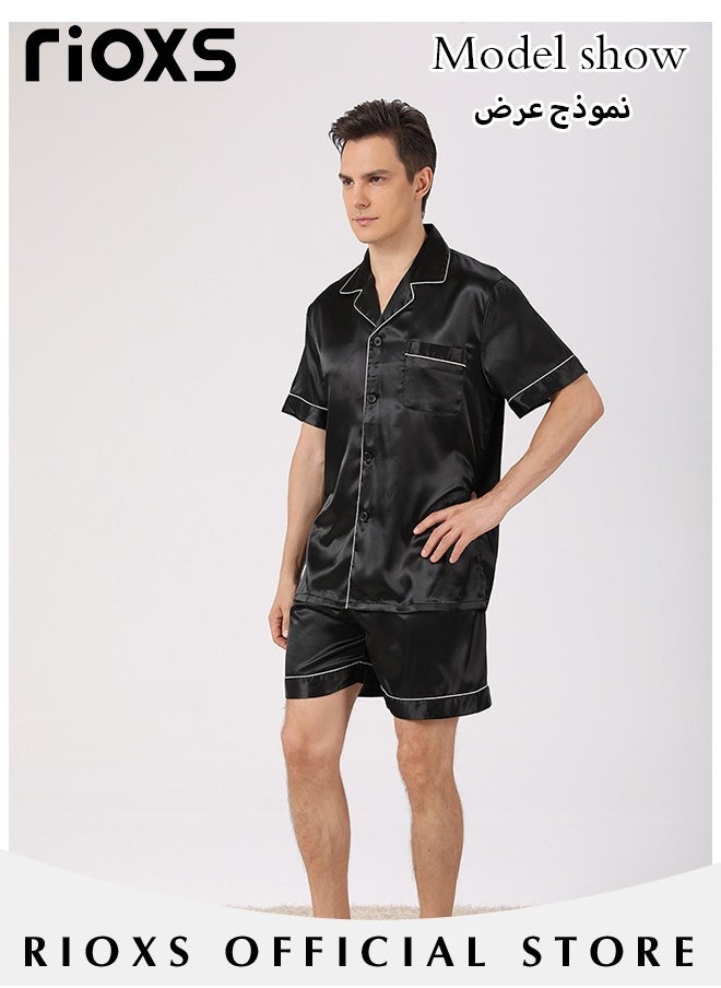 RIOXS - Men's 2 Pcs Satin Pajamas Set Silk Short Sleeve Top And Shorts Button Up Sleepwear Classic Loungewear Nightwear Pjs Set - Image 1