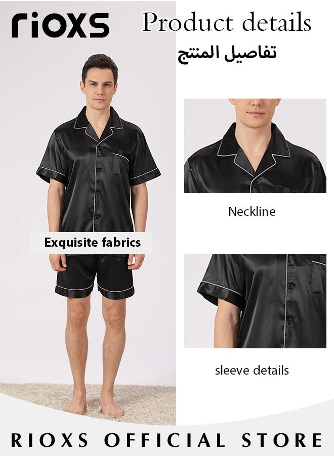RIOXS - Men's 2 Pcs Satin Pajamas Set Silk Short Sleeve Top And Shorts Button Up Sleepwear Classic Loungewear Nightwear Pjs Set - Image 1
