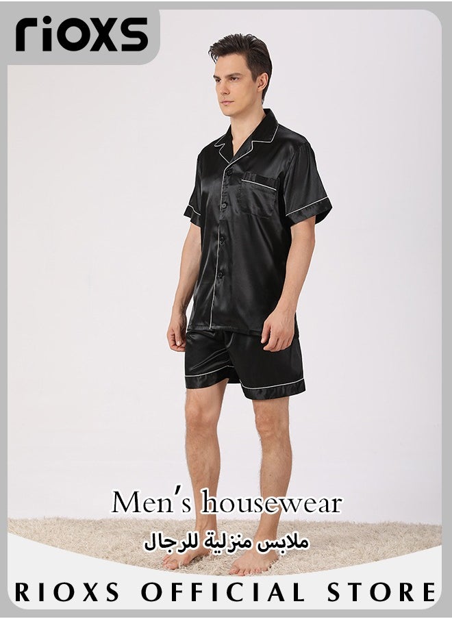 RIOXS - Men's 2 Pcs Satin Pajamas Set Silk Short Sleeve Top And Shorts Button Up Sleepwear Classic Loungewear Nightwear Pjs Set - Image 1