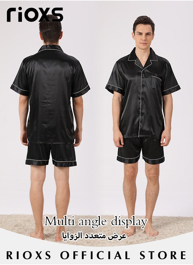 RIOXS - Men's 2 Pcs Satin Pajamas Set Silk Short Sleeve Top And Shorts Button Up Sleepwear Classic Loungewear Nightwear Pjs Set - Image 1