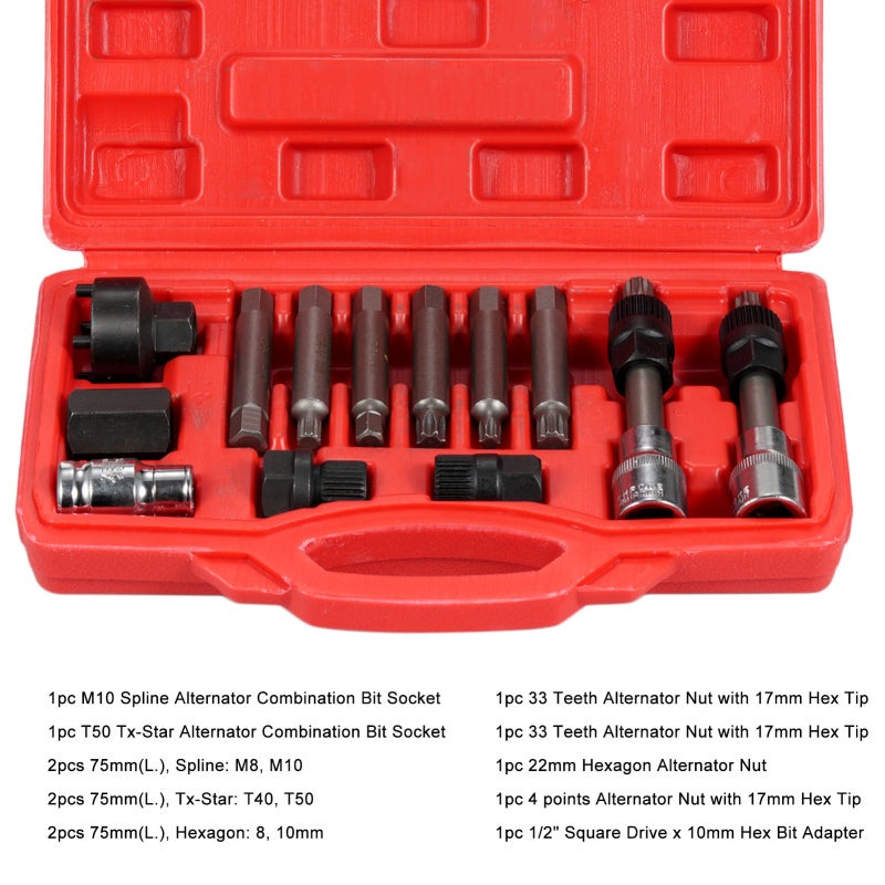 Alternator Pulley Removal Tool 13 Pcs Silver & Black Premium High-Speed Steel - Speed Up Disassembly Installation Alternator Decoupler Tool Set for Alternator Freewheel Pulley Service - Image 2