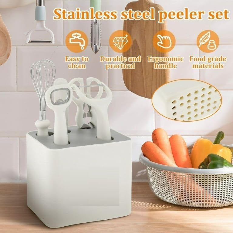 Zyomatiq Stainless Steel 6Piece Kitchen Gadgets Set Kitchen Scissors Kitchen Utensils Set with Holder Paring Knife Whisk Bottle Opener Peeler AntiSlip Handle Decorative Base White - Image 5