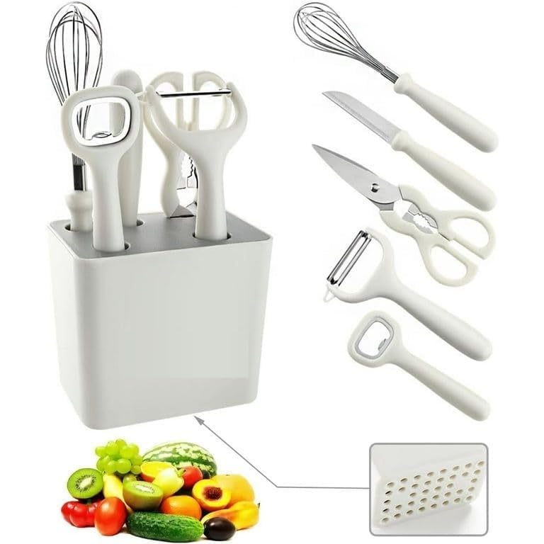 Zyomatiq Stainless Steel 6Piece Kitchen Gadgets Set Kitchen Scissors Kitchen Utensils Set with Holder Paring Knife Whisk Bottle Opener Peeler AntiSlip Handle Decorative Base White - Image 2
