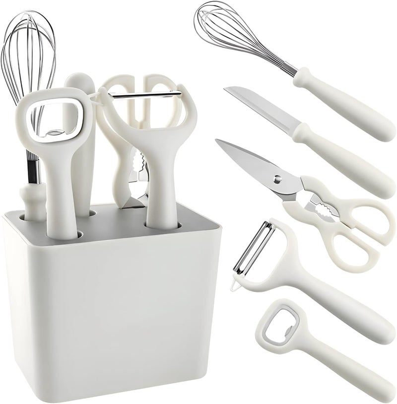 Zyomatiq Stainless Steel 6Piece Kitchen Gadgets Set Kitchen Scissors Kitchen Utensils Set with Holder Paring Knife Whisk Bottle Opener Peeler AntiSlip Handle Decorative Base White - Image 1