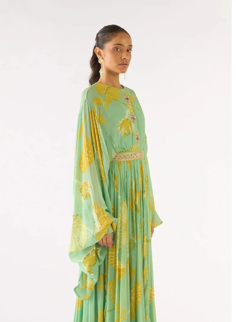 استوديو بلو Green Georgette Embroidered Dress