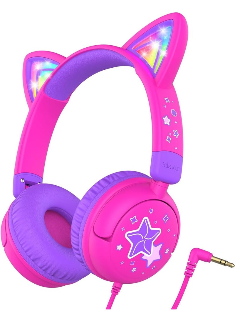 iClever Kids Headphones, LED Light Up Cat Ear, 85dBA Safe Volume, Stereo Sound Toddler Headphones, Foldable 3.5mm Wired Kids Headphone for Tablets School Travel - Image 1