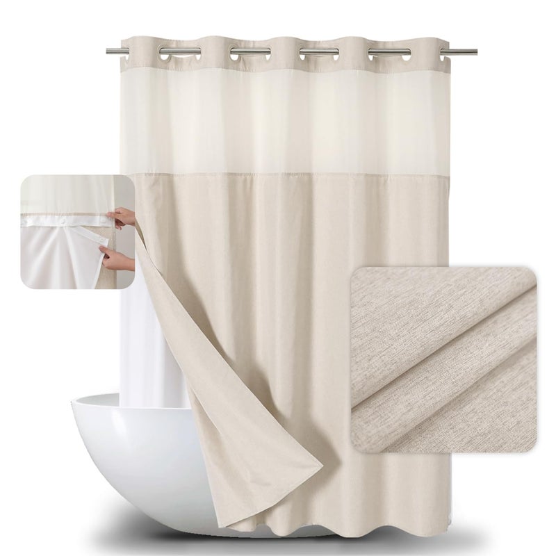 eachope Extra Long No Hooks Needed Linen Textured Shower Curtain with Snap-in Fabric Liner Set,Cream Hotel Luxury Decor Shower Curtains for Bathroom,Waterproof & Washable,71Wx86H - Image 1