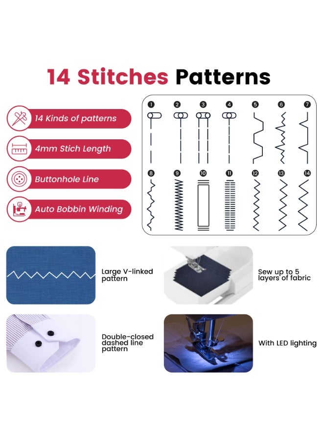 والالا ماكينة خياطة كهربائية للمبتدئين، 14 غرزة، سرعة مزدوجة، محمولة، مع دواسة قدم ومجموعة خياطة، إبرة مزدوجة محسنة، إضاءة LED، تحتوي على علبة خيط ملون، أحمر - Image 3