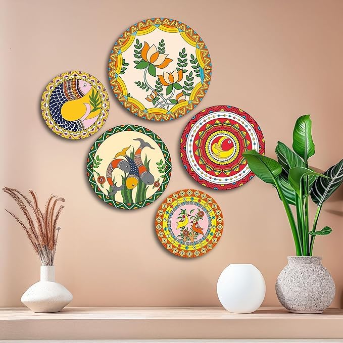 The Castle Decor Madhubani Wall Plates Set of 5- Traditional Indian Folk Art Decorative Plates for Living Room, Bedroom,Office,Home Decoration & Gift for All (Design-4) - Image 3