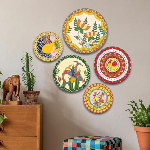 The Castle Decor Madhubani Wall Plates Set of 5- Traditional Indian Folk Art Decorative Plates for Living Room, Bedroom,Office,Home Decoration & Gift for All (Design-4) - Image 1