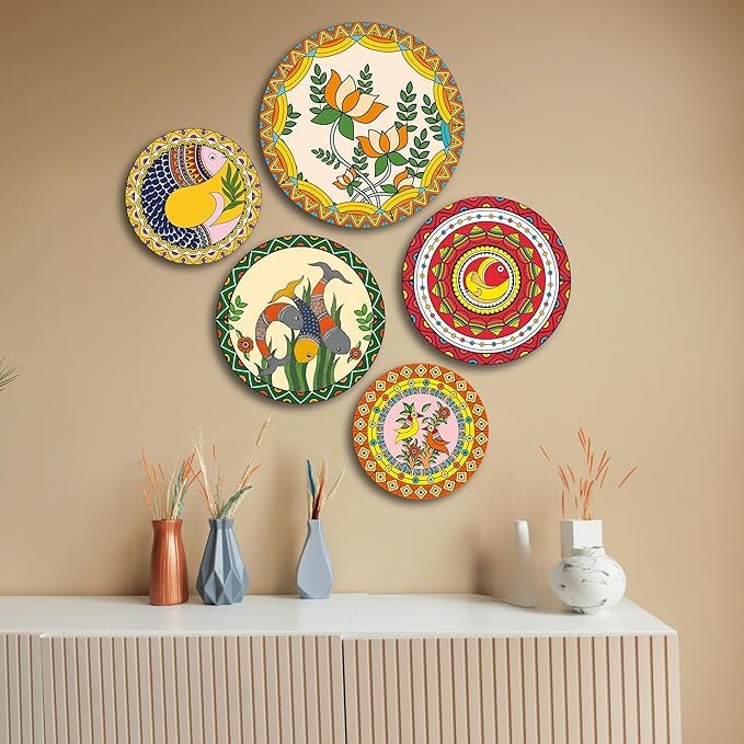 The Castle Decor Madhubani Wall Plates Set of 5- Traditional Indian Folk Art Decorative Plates for Living Room, Bedroom,Office,Home Decoration & Gift for All (Design-4) - Image 2