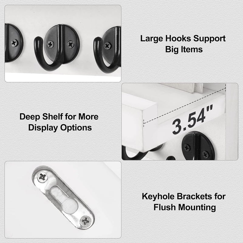Emapoy Key Holder Hanger, Decorative Mail Organizer, Wood Key Hanger With Mounting Hardware, Decorative Key And Mail Holder, With Shelf Has Large Key Hooks For Coats And Key (White) - Image 2