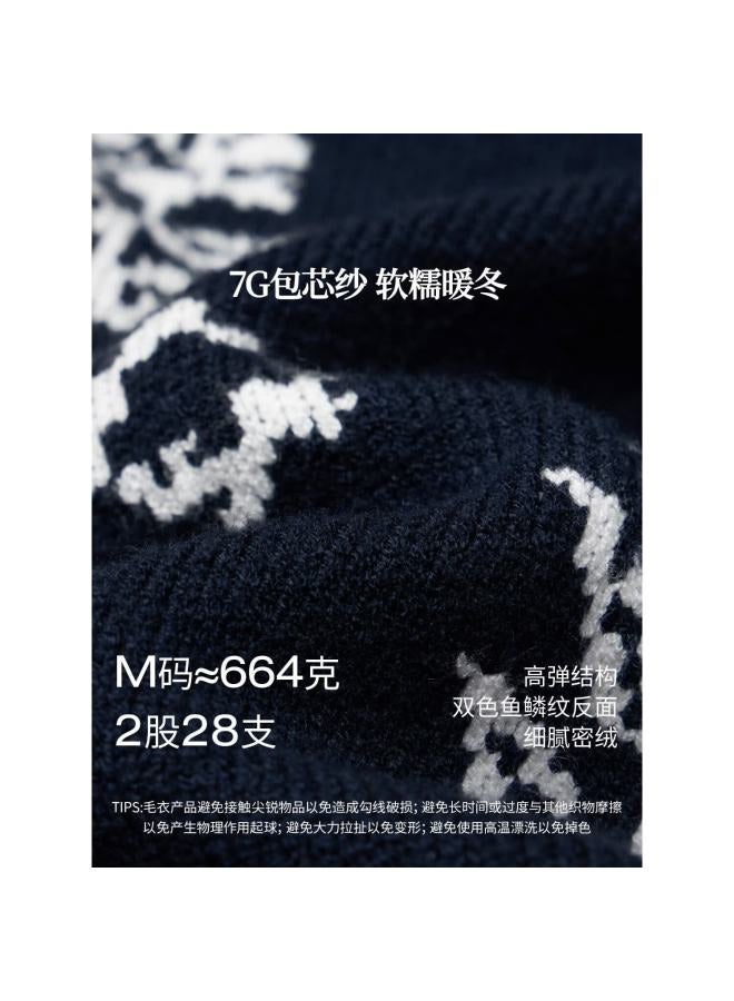 Inman Lazy Style Floral Knit Sweater Spring Women's New Round Neck Pullover Top Navy Blue L - Image 2
