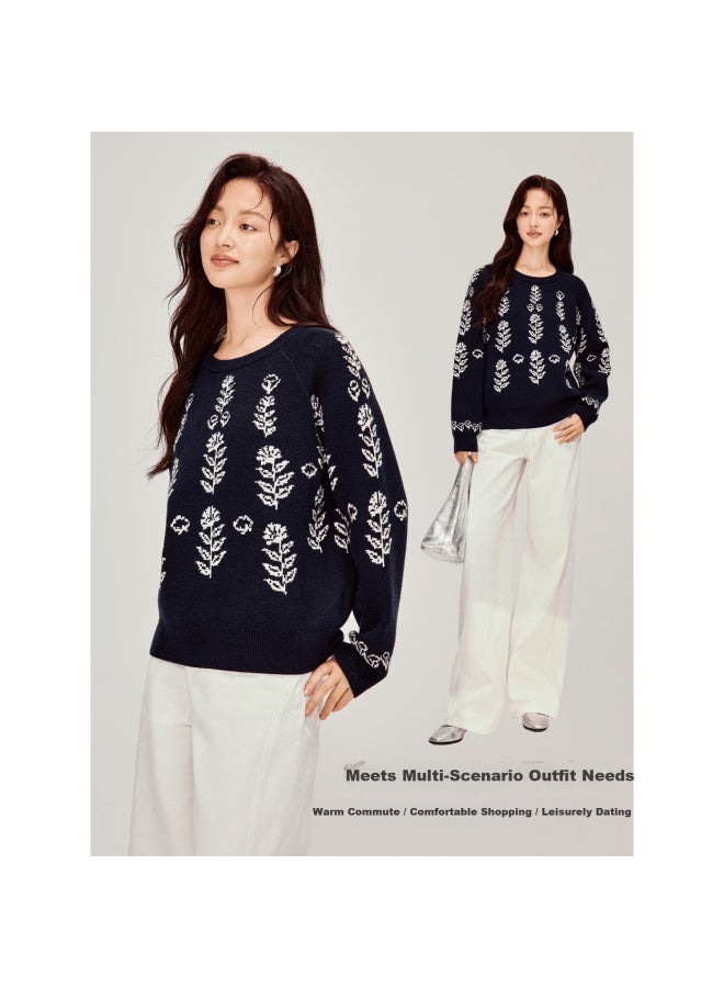 Inman Lazy Style Floral Knit Sweater Spring Women's New Round Neck Pullover Top Navy Blue L - Image 1
