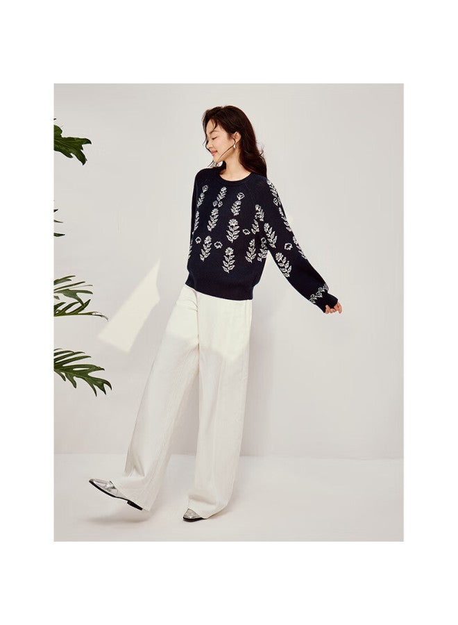 Inman Lazy Style Floral Knit Sweater Spring Women's New Round Neck Pullover Top Navy Blue L - Image 3