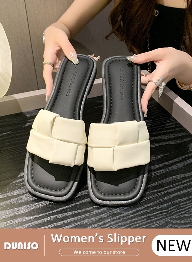 DUNISO Women's Slip On Flat Sandals Square Open Toe Slide Sandals Comfortable Women Slippers Nonslip Backless Beach Slip Walking Sandals Women Dressy,Slide Sandals Women for Indoor and Outdoor - Image 1
