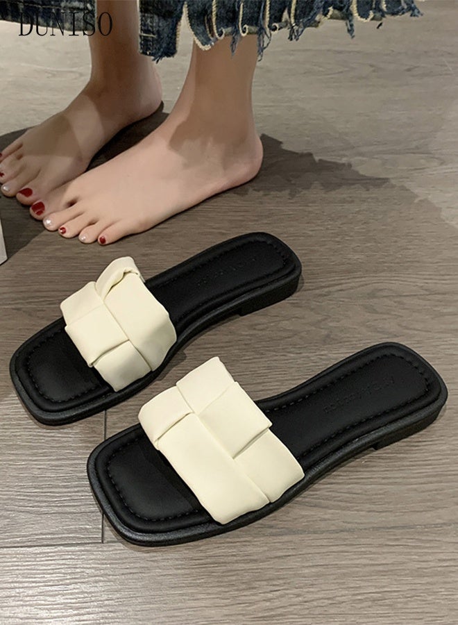 DUNISO Women's Slip On Flat Sandals Square Open Toe Slide Sandals Comfortable Women Slippers Nonslip Backless Beach Slip Walking Sandals Women Dressy,Slide Sandals Women for Indoor and Outdoor - Image 2