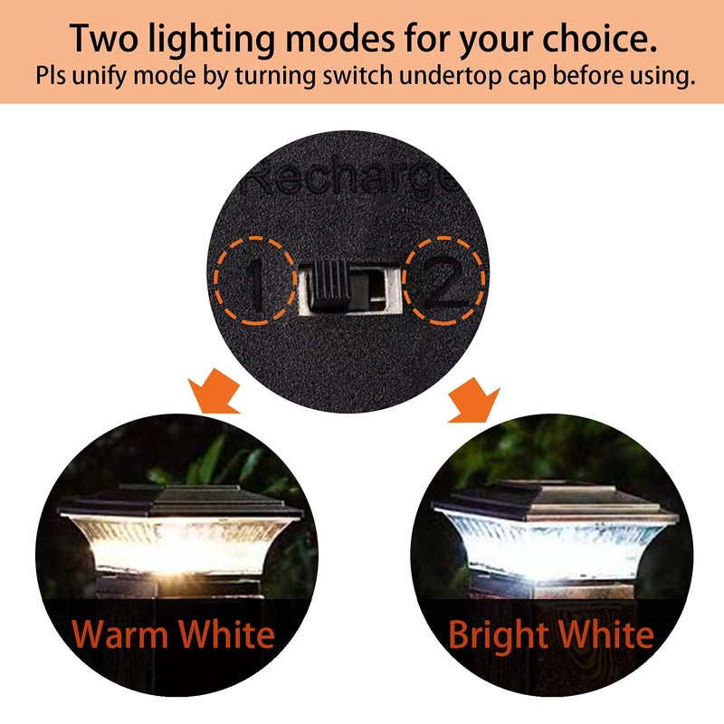 HUYIENO Solar Post Cap Lights Outdoor LED Lighting Deck Fence With Two Light Modes Warm White/Bright White Suitable for 4x4 Wooden Posts Brushed Copper 6PK - Image 2