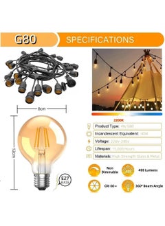 SP 33FT Outdoor String Lights, Commercial Grade Festoon Lights 10 Meter 20 LED Bulbs, Outdoor Waterproof Decorative Hanging Light String for Patio Garden Porch Yard (10M with G80 Amber)  - Image 3