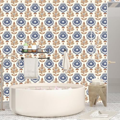 BOKEBEVE Extra Long Beige Symmetry Wallpaper Peel and Stick Boho Floral Contact Paper Renter Friendly Wall Paper for Bedroom Pantry Closet Accent Wall Removable Brown Blue 17.5 x 393.5In - Image 3