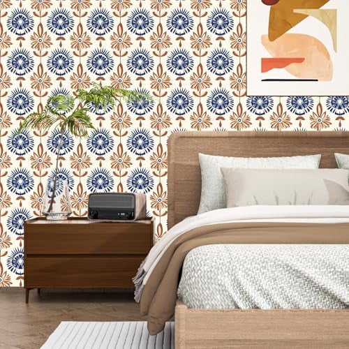 BOKEBEVE Extra Long Beige Symmetry Wallpaper Peel and Stick Boho Floral Contact Paper Renter Friendly Wall Paper for Bedroom Pantry Closet Accent Wall Removable Brown Blue 17.5 x 393.5In - Image 2
