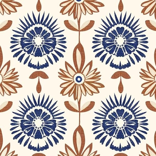 BOKEBEVE Extra Long Beige Symmetry Wallpaper Peel and Stick Boho Floral Contact Paper Renter Friendly Wall Paper for Bedroom Pantry Closet Accent Wall Removable Brown Blue 17.5 x 393.5In - Image 1