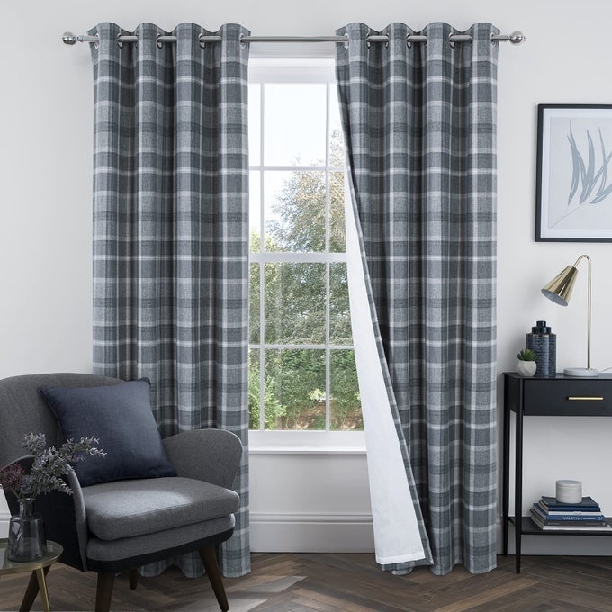 PLAID CURTAINS FOR BEDROOM LIVING ROOM 100 BLACKOUT THERMAL FULLY LINED WOOLEN LOOK CHECK DRAPES GREY GROMMET CURTAINS 84 INCH LENGTH 2 PANELS GREY