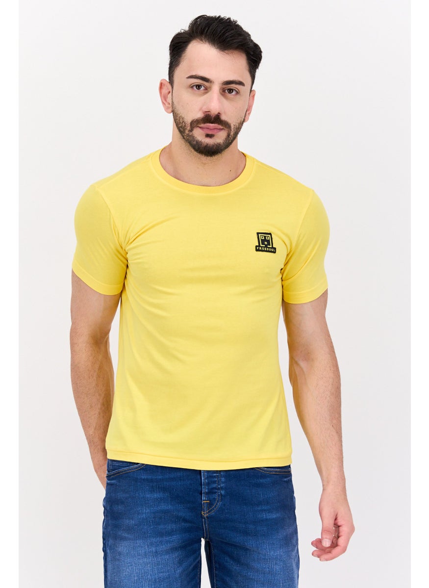 Free Soul Men Round Neck Short Sleeve Embroidered Logo Troon T Shirt, Yellow  - Image 1