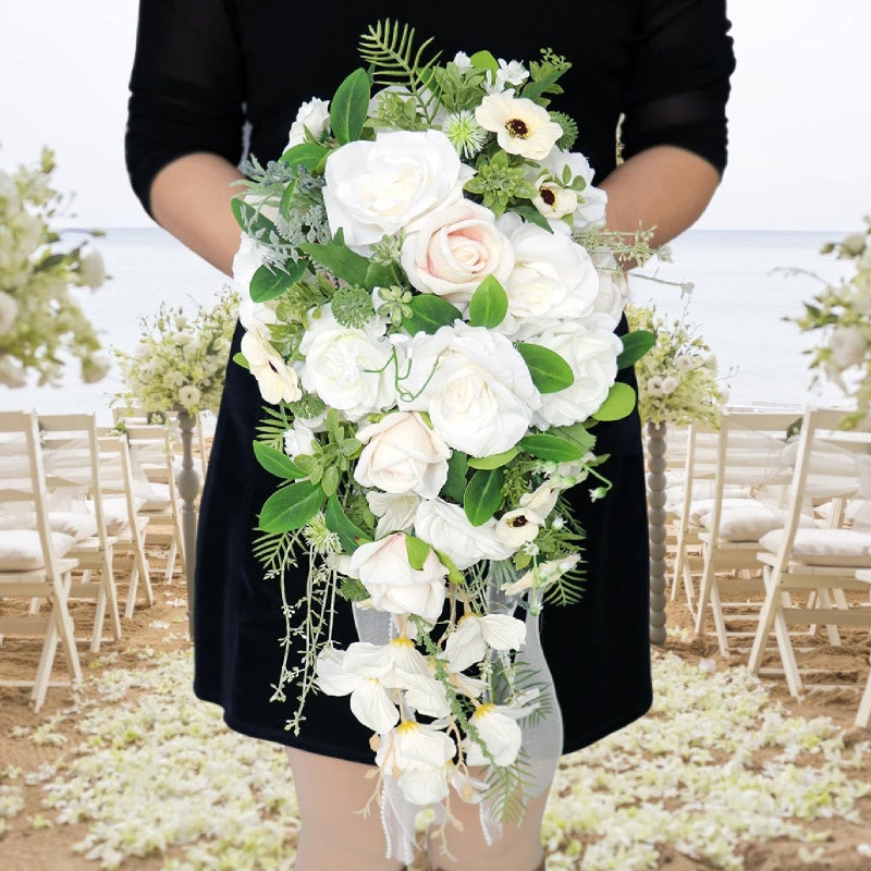 Jojomis Artificial Rose Bridal Bouquet Decorative Flowers For Wedding Ceremony Outdoor Party White - Image 3