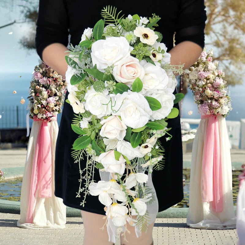 Jojomis Artificial Rose Bridal Bouquet Decorative Flowers For Wedding Ceremony Outdoor Party White - Image 4
