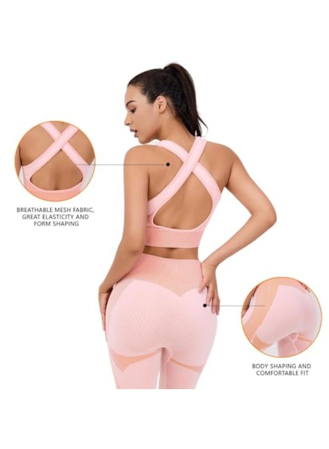 NIBEMINENT Women's 3pcs Seamless Workout Outfits Sets, Yoga Sportswear Tracksuit Leggings and Stretch Sports Bra Fitness - Image 2