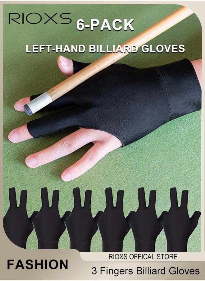 RIOXS 6 Pcs Highly Elastic 3 Fingers Billiard Gloves for Men and Women Non-slip Pool Glove Snooker Cue Sport Wear on the Left Hand  - Image 1