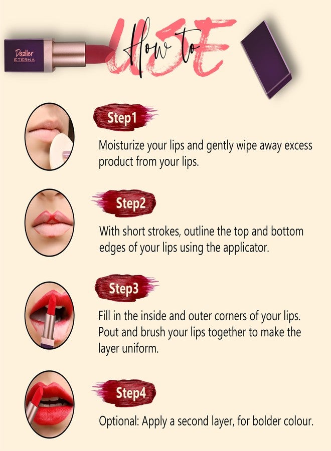 Dazller Eterna Lip Eleganz Lipstick, Matte, Smudge-proof, Feather-proof, With Herbal Extracts, 4g, M1019 - Purple Max - Image 5