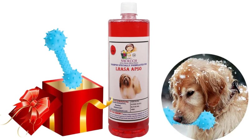 swacch Lhasa Apso Dog Shampoo + Dumbbell Toy I Durable Rubber Dog Toy for Chewing I Playing,Teeth Cleaning & Training Toy I Combo Pack I 1 Litre Strawberry - Image 1
